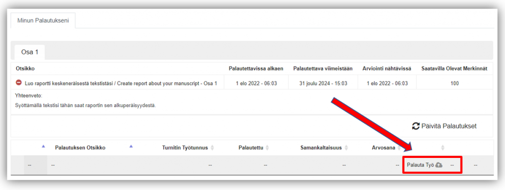 Palauta Työ -linkki Turnitin-työkalun sivulla